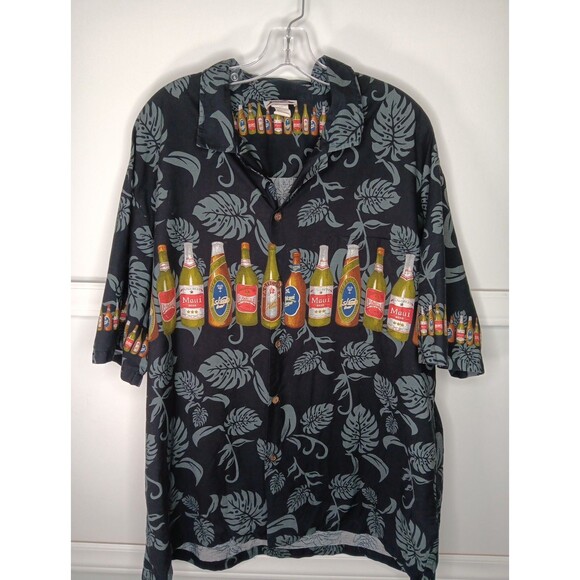 VTG CT Hawaii Fashions Button Up Shirt 2XL Black Short Sleeve Beer Print EUC - Picture 1 of 7
